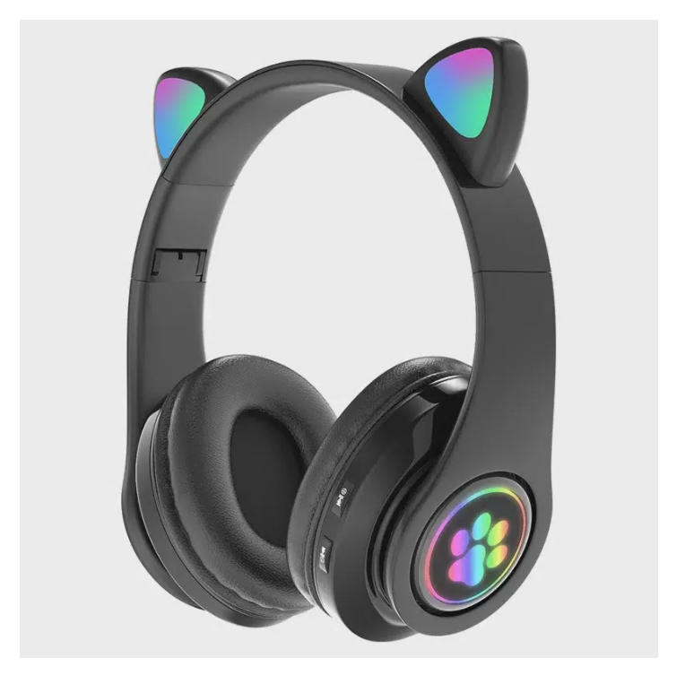 Беспроводные светящиеся наушники с ушками кошки и подсветкой STN-28, черные