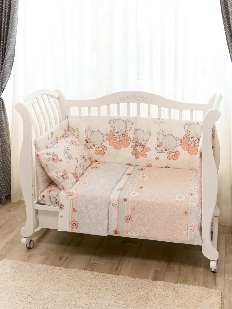 Комплект постельного белья детский+простынь на резинке Бязь 19806 "Слоники" цв персиковый