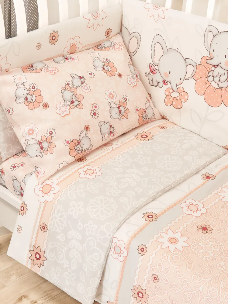 Комплект постельного белья детский+простынь на резинке Бязь 19806 "Слоники" цв персиковый