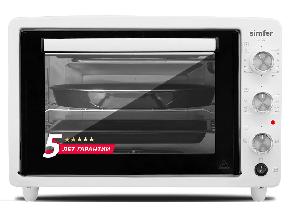 Мини-печь Simfer M3404 4 режима (вертел) , 34 литра , 2 противня , хромированная решетка, белый