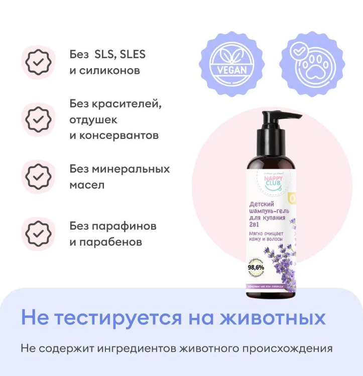 Детский шампунь-гель для купания новорожденных 2в1 "Лаванда" NappyClub, 250 мл