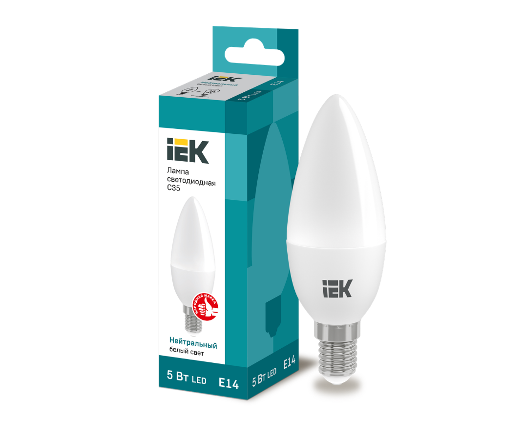 Лампа IEK LED, C35, свеча, 5вт, 230В, 4000К, E14 LLE-C35-5-230-40-E14