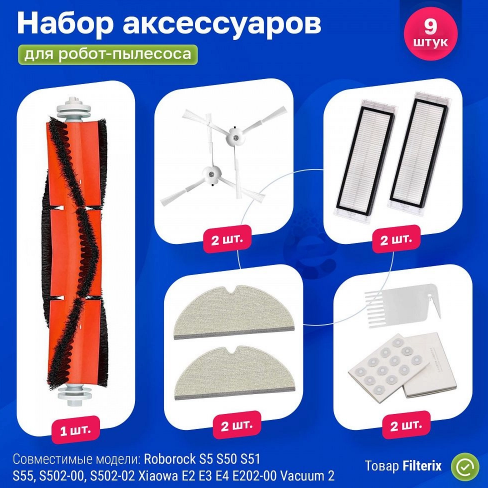 Комплект фильтров и белых щёток для Roborock S5 / Xiaowa E2 / Xiaowa E3 и др.