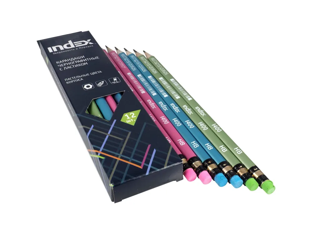 Набор простых карандашей, Index I400 чернографитные, трехгранные, с ластиком, заточенные, твердость 