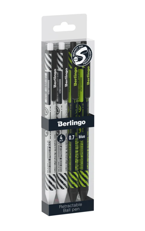 Шариковая автоматическая ручка Berlingo tech it синяя, 0,7 мм, грип, рисунок на корпусе, 4 шт., pet-