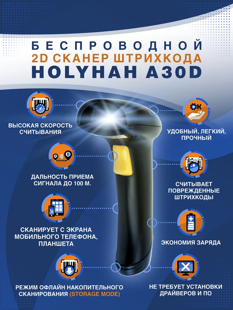 Беспроводной 2D сканер штрих кода Holyhah A30D