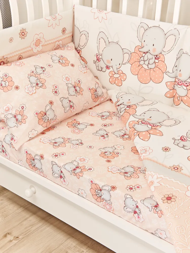Комплект постельного белья детский+простынь на резинке Бязь 19806 "Слоники" цв персиковый